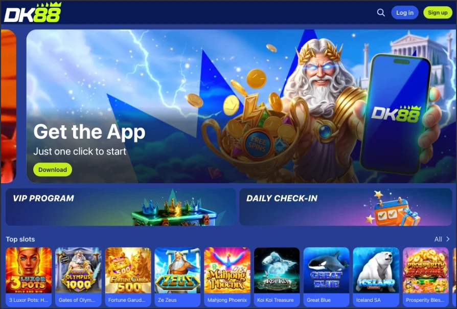 DK88 homepage Get the App banner with a green Download button above the VIP Program and Daily Check-in tiles