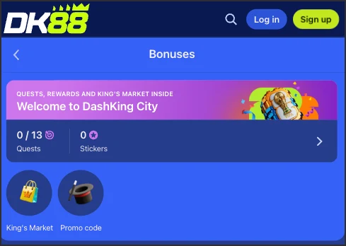 DK88 promotions screen listing active welcome bonus components