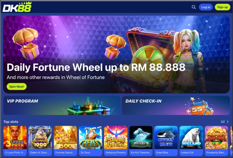 DK88 Daily Wheel of Fortune spin screen with prize segments displayed