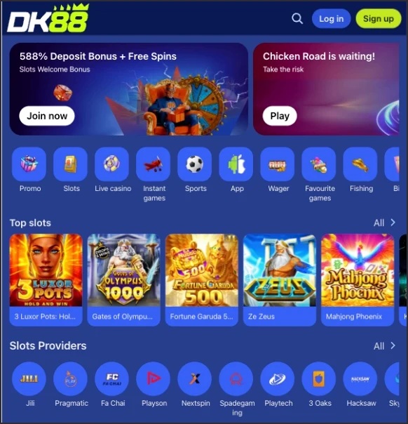 Row of game provider logos including Pragmatic Play and Playtech on the DK88 homepage