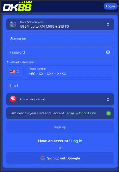 DK88 burger menu open showing Android and iOS app icons
