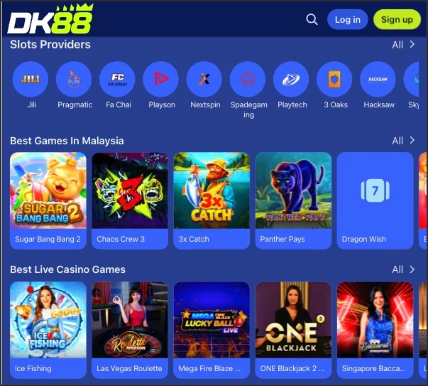 DK88 lobby screen showing slots and live casino game categories side by side