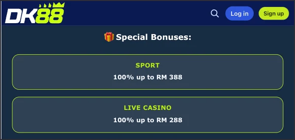 DK88 special bonus screen showing the sports and live casino match offers