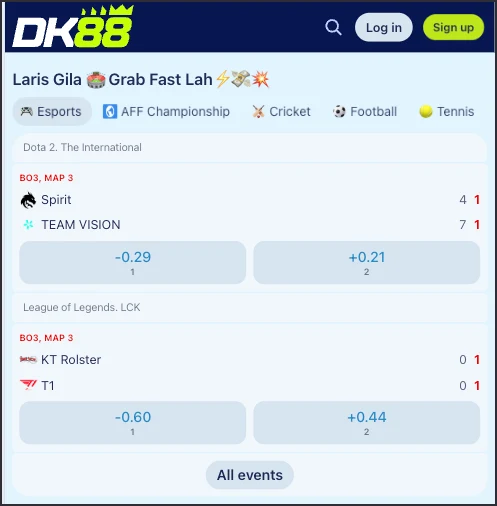 DK88 sportsbook screen listing football and basketball matches for betting