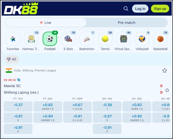 Skrin sportsbook mudah alih DK88 pada tab Live memaparkan ikon sukan dan pasaran pertaruhan bagi satu perlawanan bola sepak