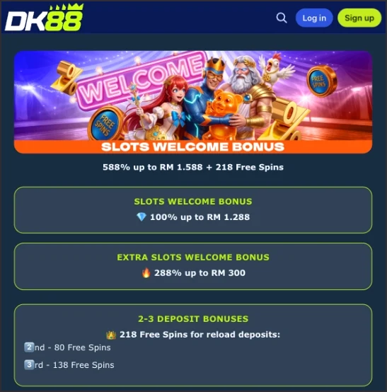 DK88 welcome bonus screen listing the slots match bonus percentage and deposit amount